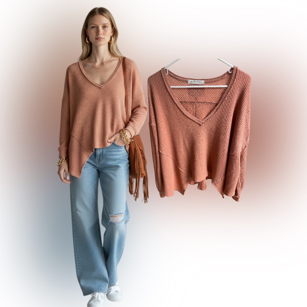 Free People Coraline V-Neck Thermal XS Terracotta Oversized Waffle Knit Sweater